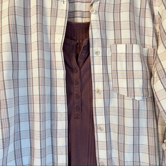 Oversized XS Plaid Button Shirt + Tank S Set Cream Plum Lightweight Layered Look - Picture 2 of 10